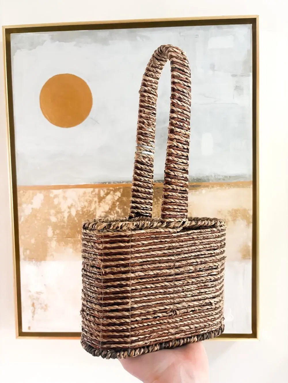 Woven Seagrass Wine Holder Basket Boho Cottagecore Farmhouse Picnic